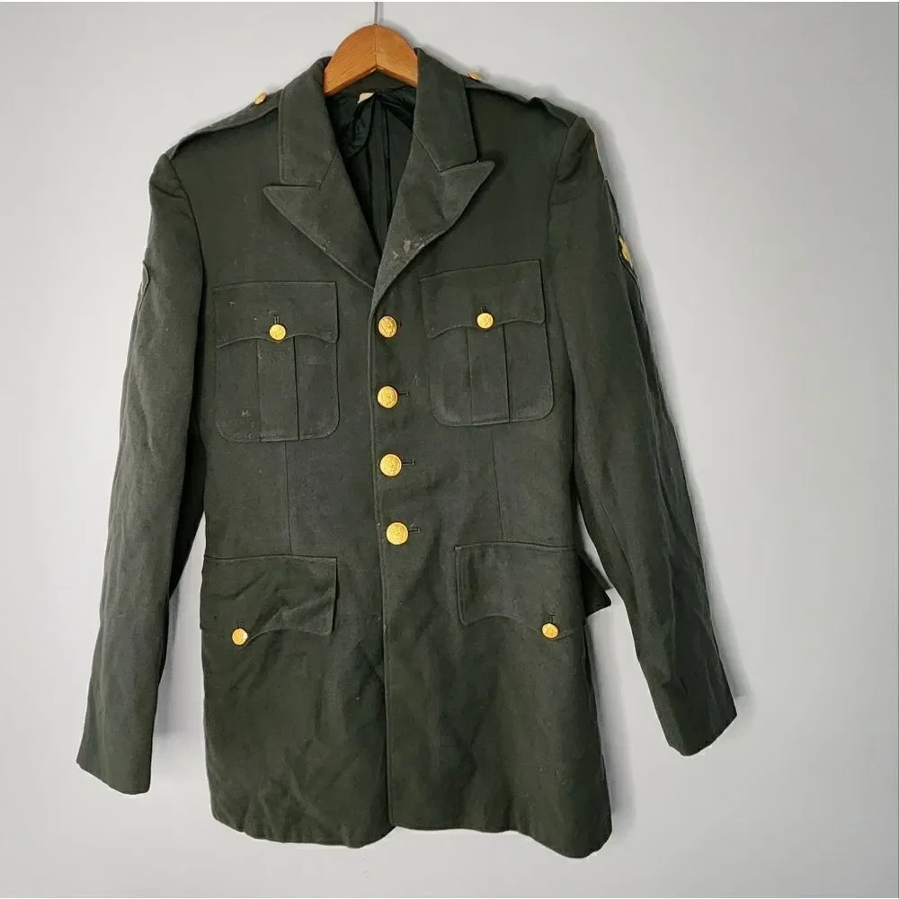 US Military Army Green Coat 36 Wool Blazer Jacket Uniform Mens 1950s pant hemmed